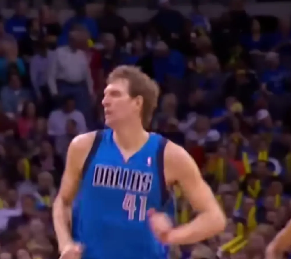 Dirk Nowitzki in a blue Dallas jersey